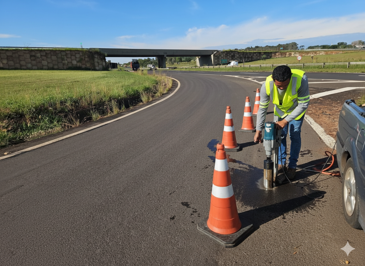 Técnico da WSV realizando ensaio de extração de núcleo em pavimento asfáltico