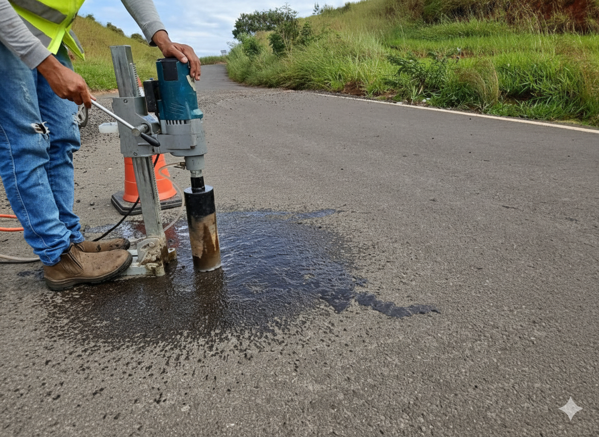 Extração de corpo de prova de asfalto em rodovia